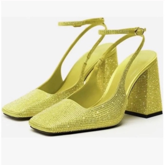 Zara Shoes - Zara Yellow Rhinestone Block Heel Slingback Pumps